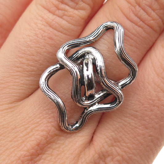 925 Sterling Silver Vintage Modernist Interlocked Floral Oxidized Ring Size 6.5
