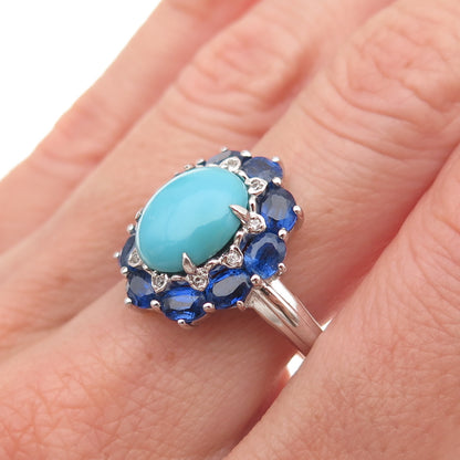 925 Sterling Silver Real Diamond Turquoise & Sapphire Ring Size 8.25