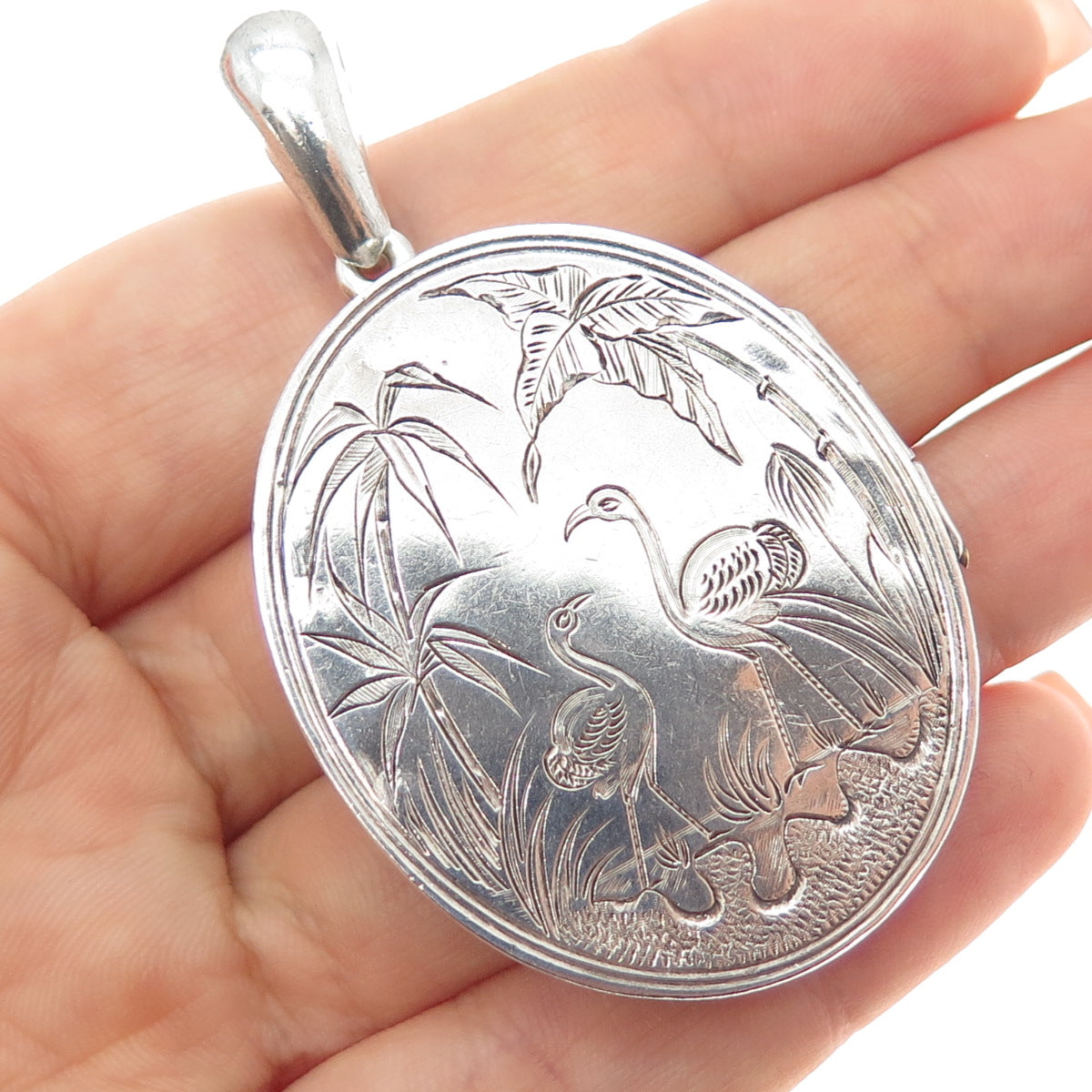 925 Sterling Silver Antique Victorian Engraved Flamingo Locket Charm Pendant