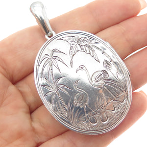 925 Sterling Silver Antique Victorian Engraved Flamingo Locket Charm Pendant