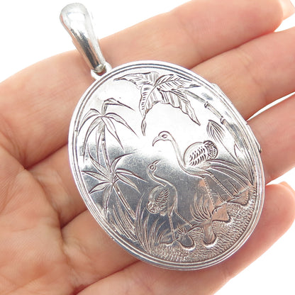 925 Sterling Silver Antique Victorian Engraved Flamingo Locket Charm Pendant