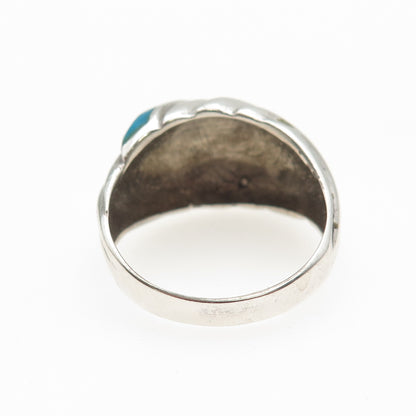 925 Sterling Silver Vintage Real Turquoise Modernist Ribbed Ring Size 10.75