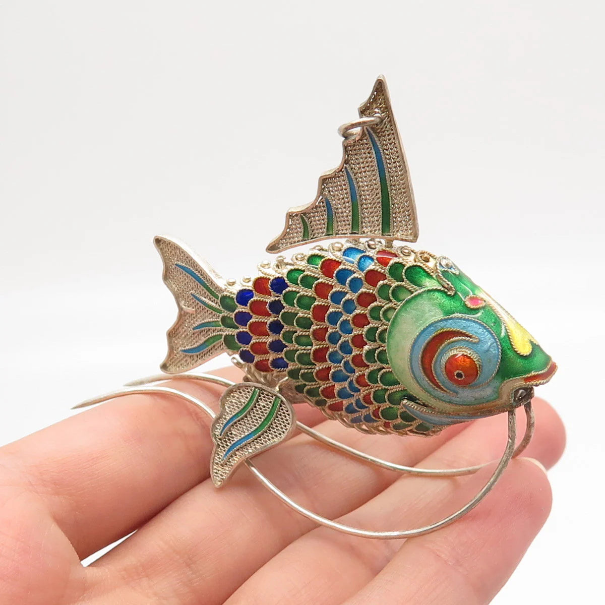 925 Sterling Silver Enamel Antique Chinese Articulated Koi Fish Chatelaine Fob