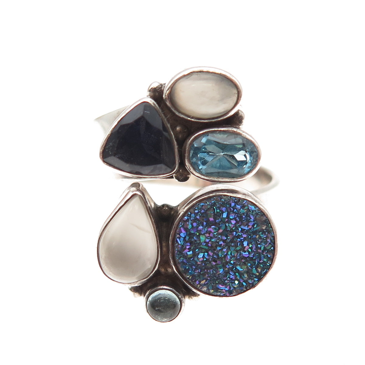 SAJEN Sterling Silver Vintage Moonstone Druzy Iolite & Blue Topaz Ring Size 8.25