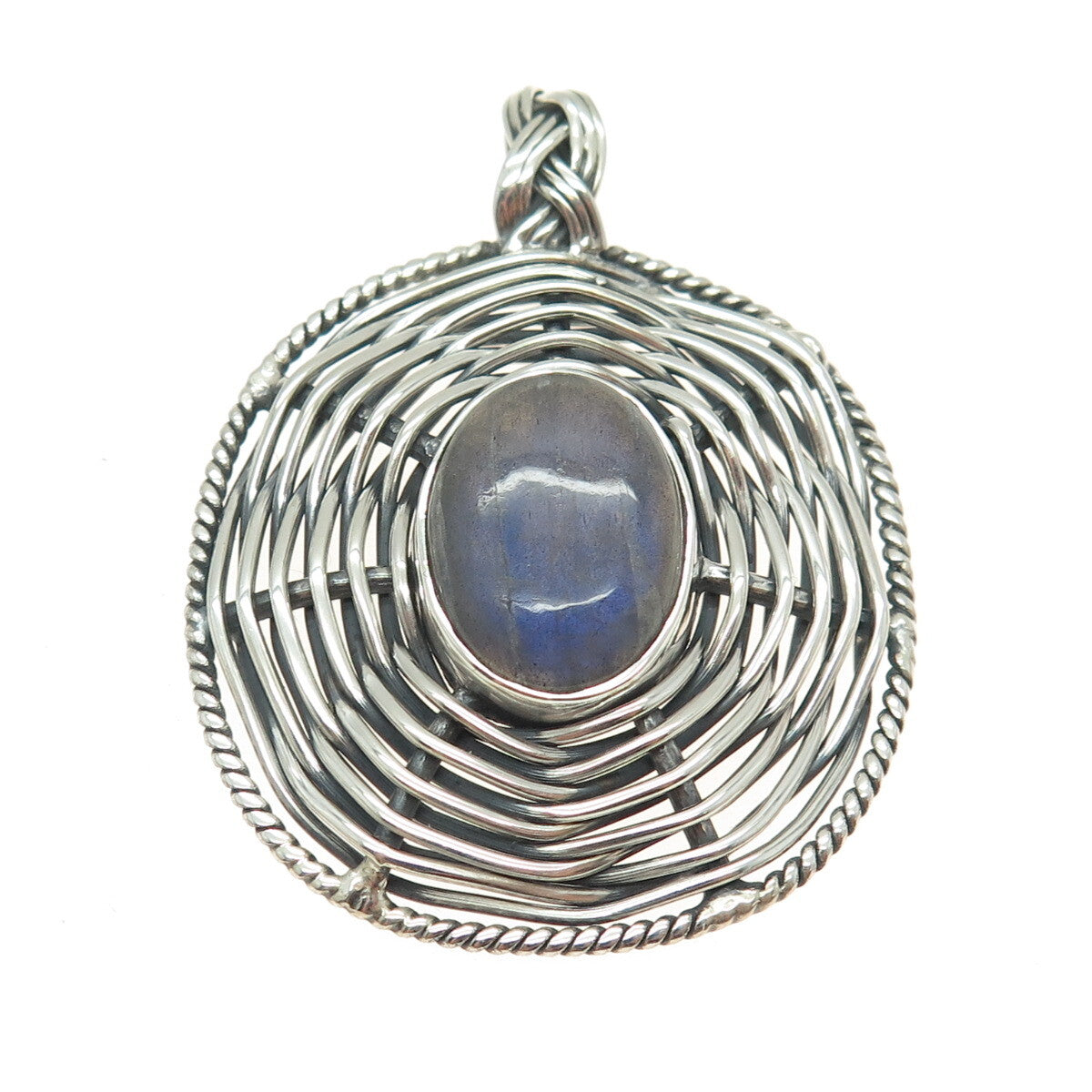 925 Sterling Silver Vintage Real Labradorite Modernist Wicker Oxidized Pendant