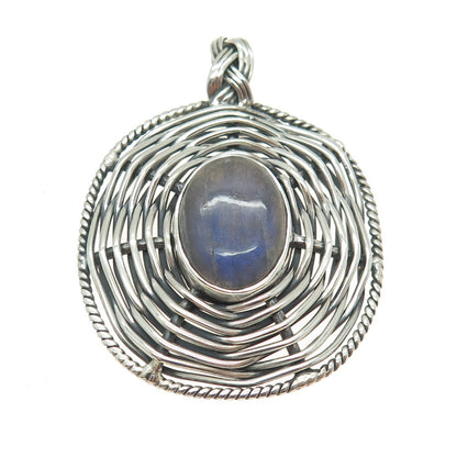 925 Sterling Silver Vintage Real Labradorite Modernist Wicker Oxidized Pendant