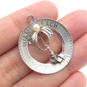925 Sterling Silver Vintage Real Pearl Miami Beach Florida Palm Tree Pendant
