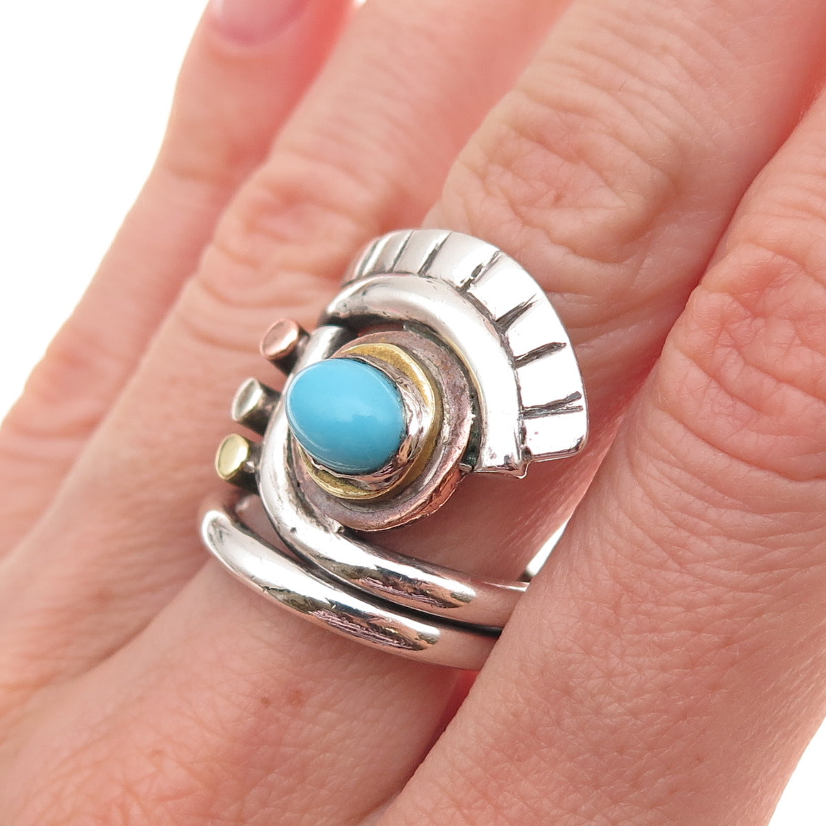 925 Sterling Silver 3-Tone Vintage Real Turquoise Modernist Eye Ring Size 6.75