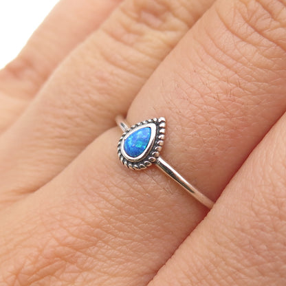 925 Sterling Silver Vintage Real Opal Teardrop Oxidized Ring Size 6