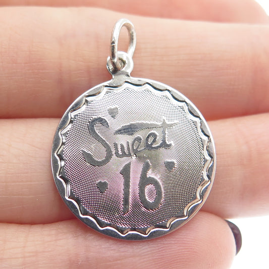 925 Sterling Silver Vintage Sweet 16 Round Tag Charm Pendant