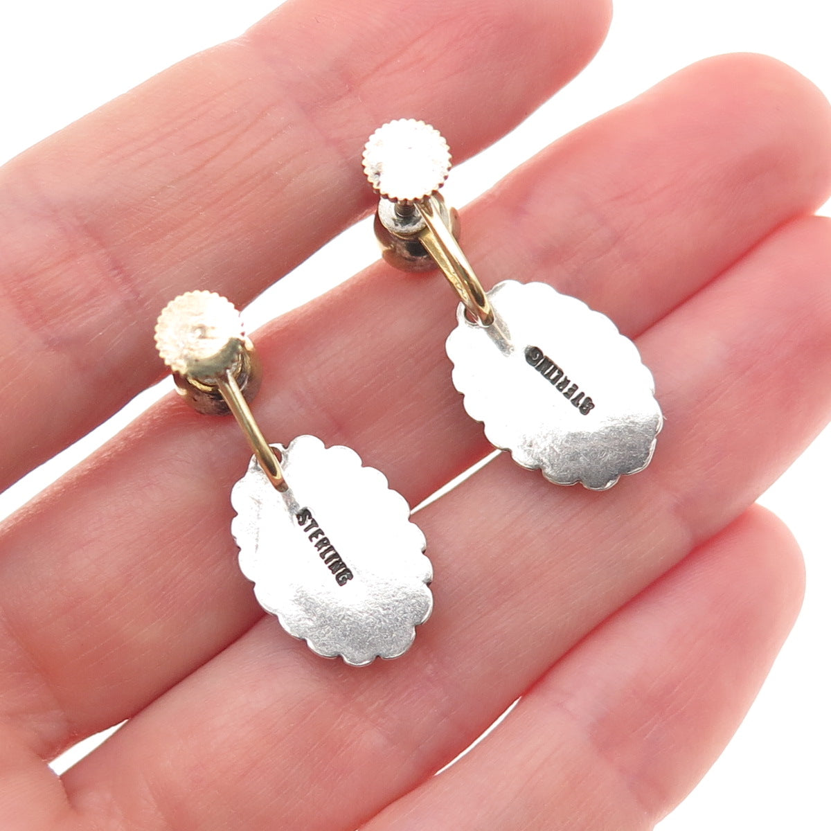 Old Pawn 925 Sterling 2-Tone Vintage Bisbee Turquoise Screw Back Dangle Earrings