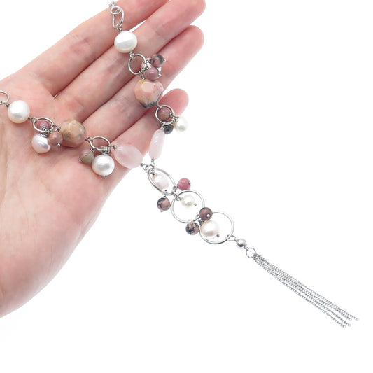 925 Sterling Silver Vintage Real Pearl Quartz & Rhodonite Tassel Necklace 16-18"