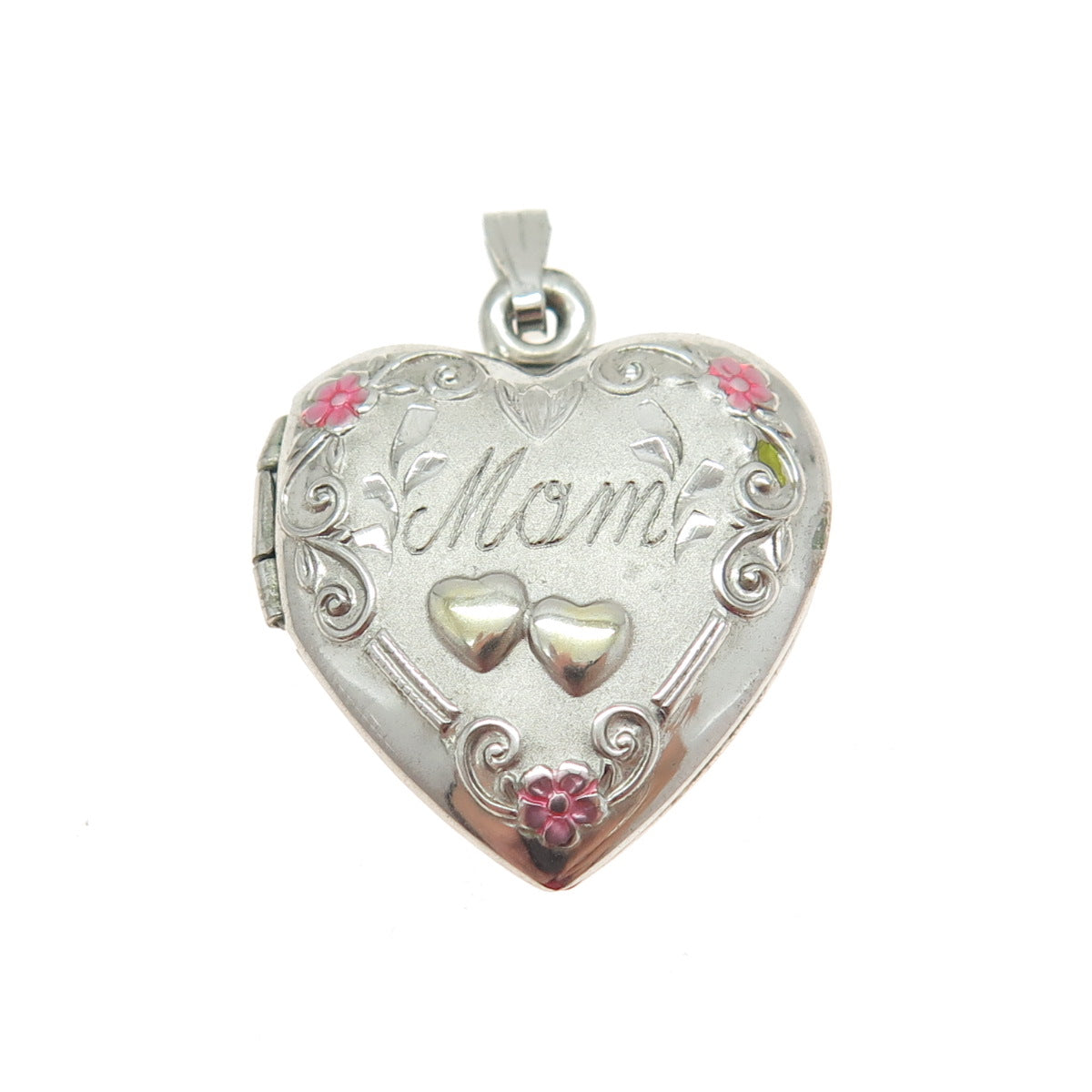 TRU KAY 925 Sterling Silver Enamel "Mom" Engraved Floral Heart Lock Pendant