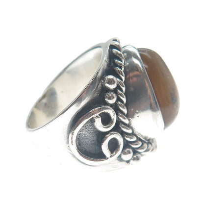 925 Sterling Silver Vintage Pear-Cut Tiger Eye Heart Oxidized Ring Size 8.75