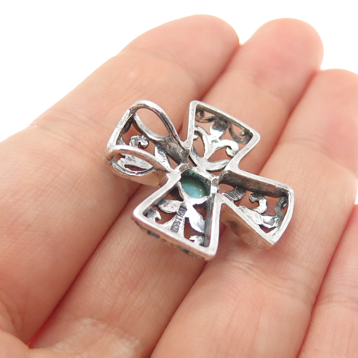 KEN CRAFTS 925 Sterling Silver Vintage Real Turquoise Ornate Cross Slide Pendant