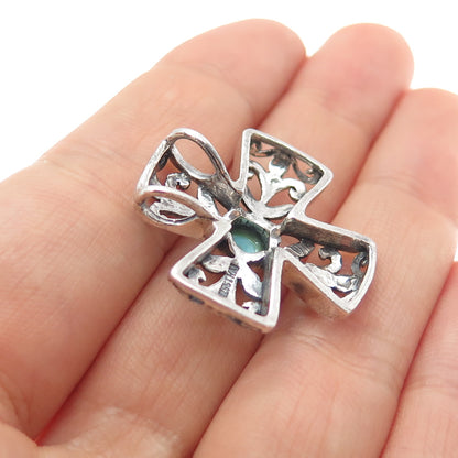 KEN CRAFTS 925 Sterling Silver Vintage Real Turquoise Ornate Cross Slide Pendant