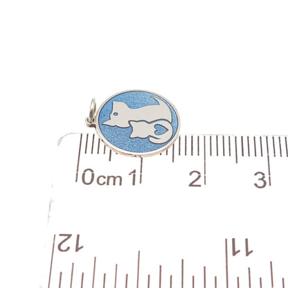 925 Sterling Silver Blue Enamel Cat & Dog Friendship Mini Charm Pendant