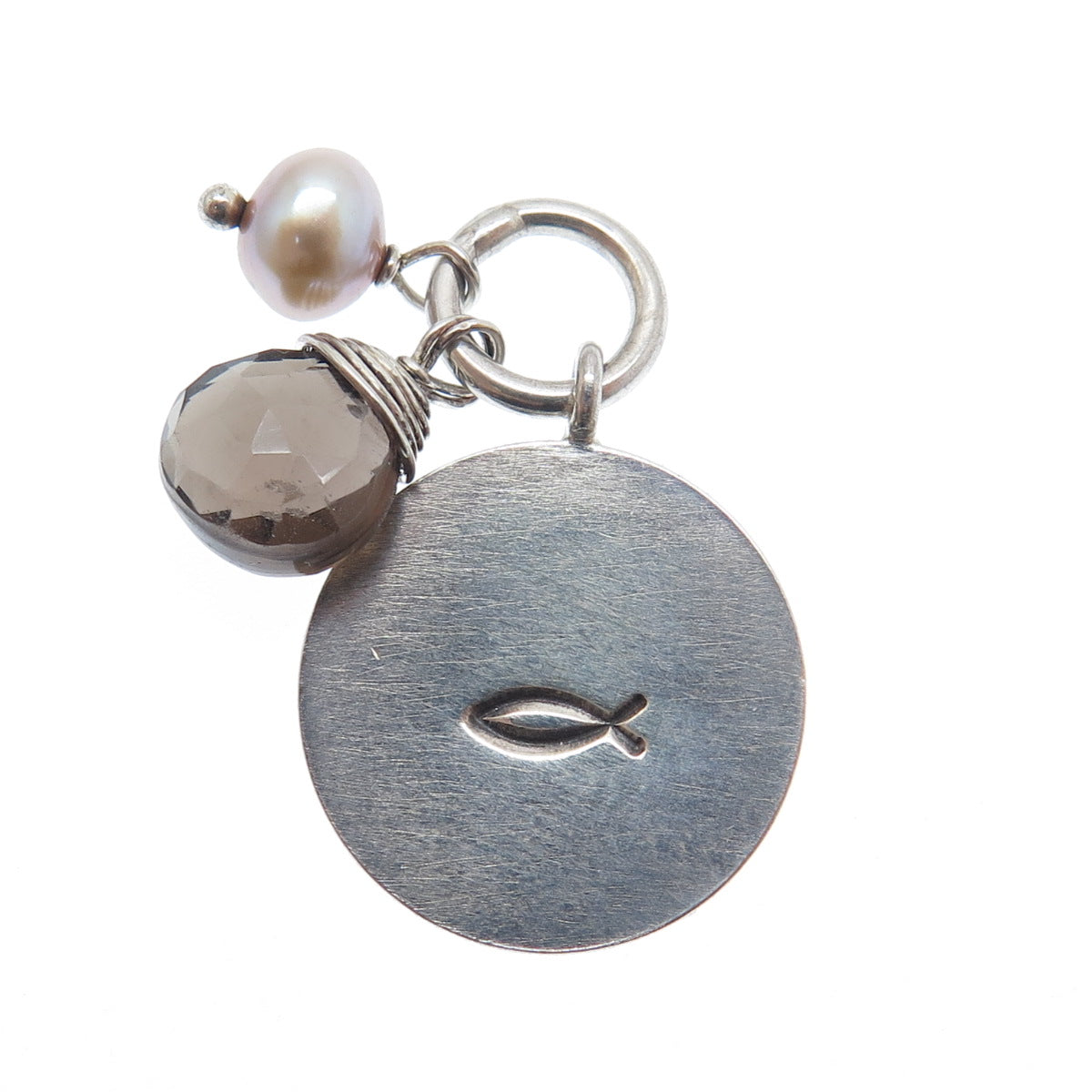 LOTUS 925 Sterling Silver Vintage Real Pearl Smoky Quartz Ichthys Charm Pendant