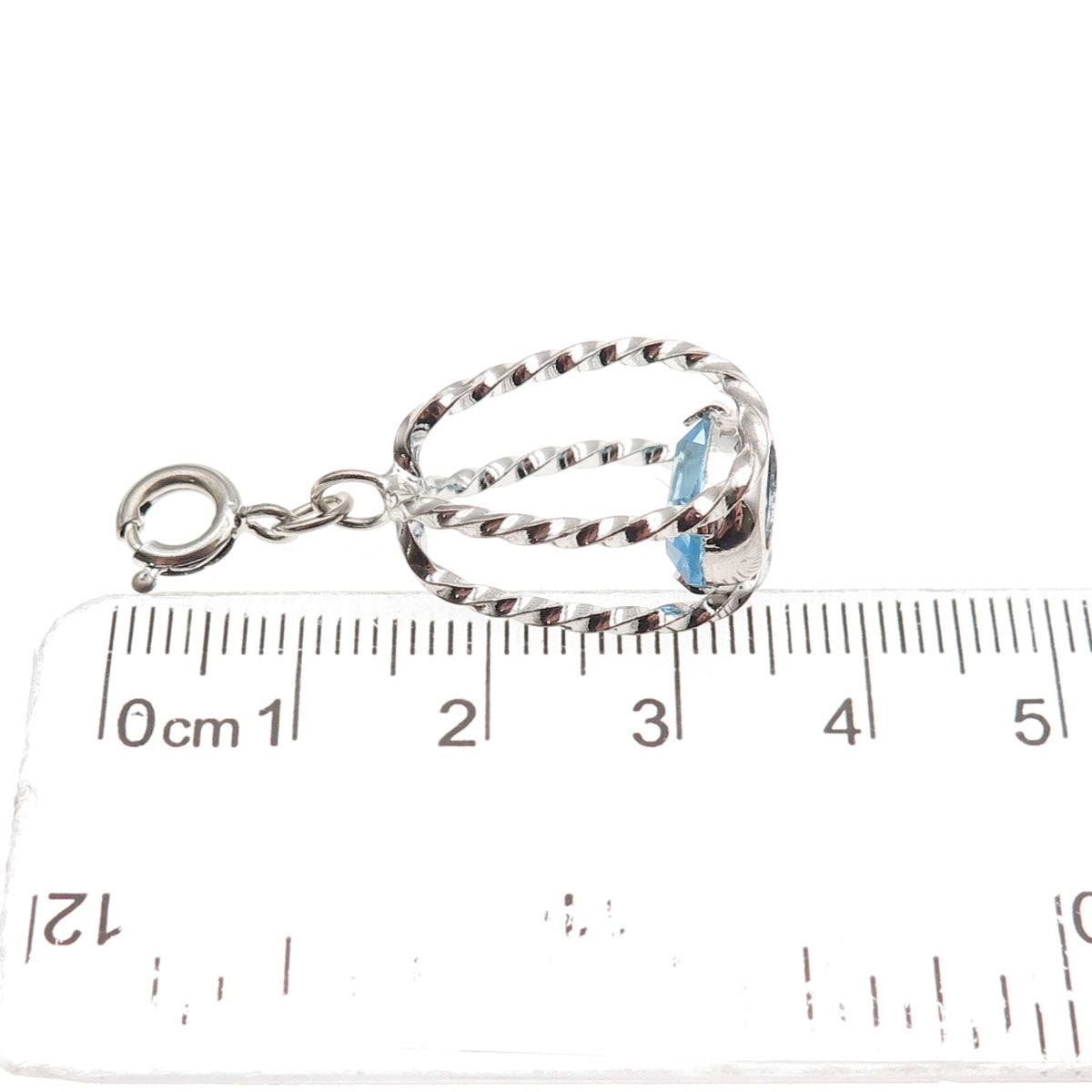 925 Sterling Silver Vintage Blue Rhinestone Cage Spring Ring Lock Charm Pendant