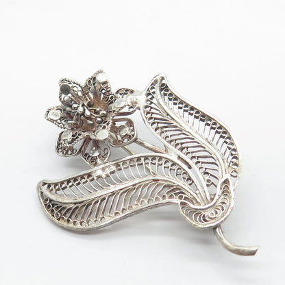 925 Sterling Silver Vintage Floral Filigree Pin Brooch