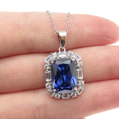 925 Sterling Silver Blue & White C Z Station Chain Necklace 18"