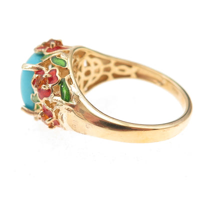 Chuck Clemency 925 Sterling Gold Plated Enamel Turquoise Citrine Ring Size 8.25