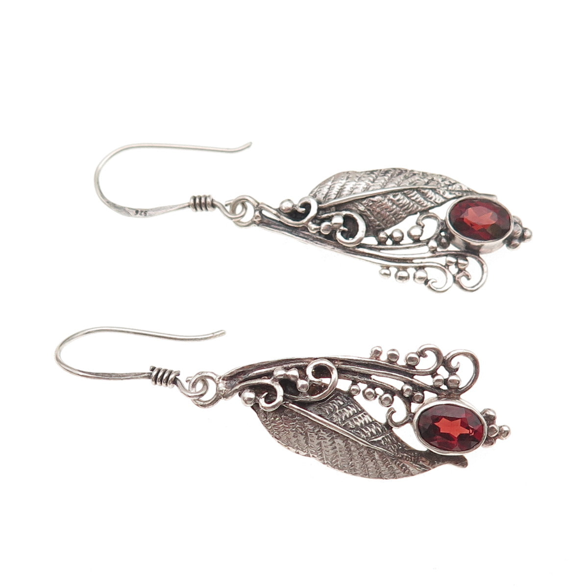 925 Sterling Silver Vintage Real Red Garnet Floral Oxidized Dangle Earrings