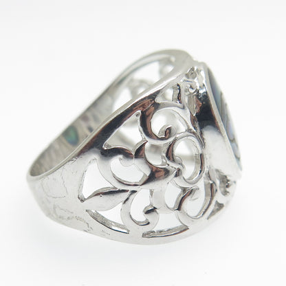 925 Sterling Silver Real Abalone Shell Ornate Ring Size 9.25