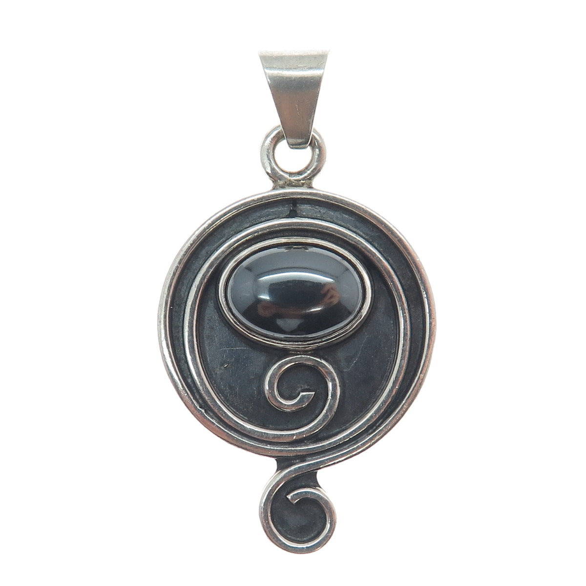 925 Sterling Silver Vintage Real Hematite Gem Swirl Modernist Oxidized Pendant
