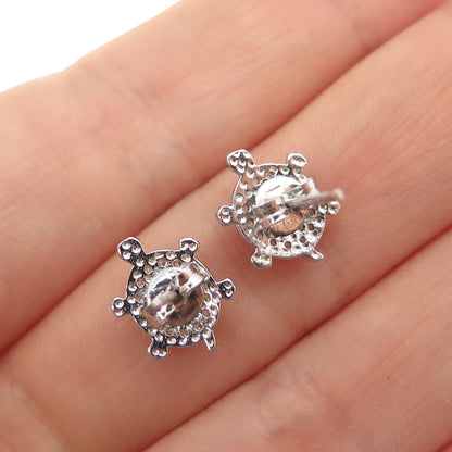 925 Sterling Silver Round-Cut C Z Turtle Stud Earrings