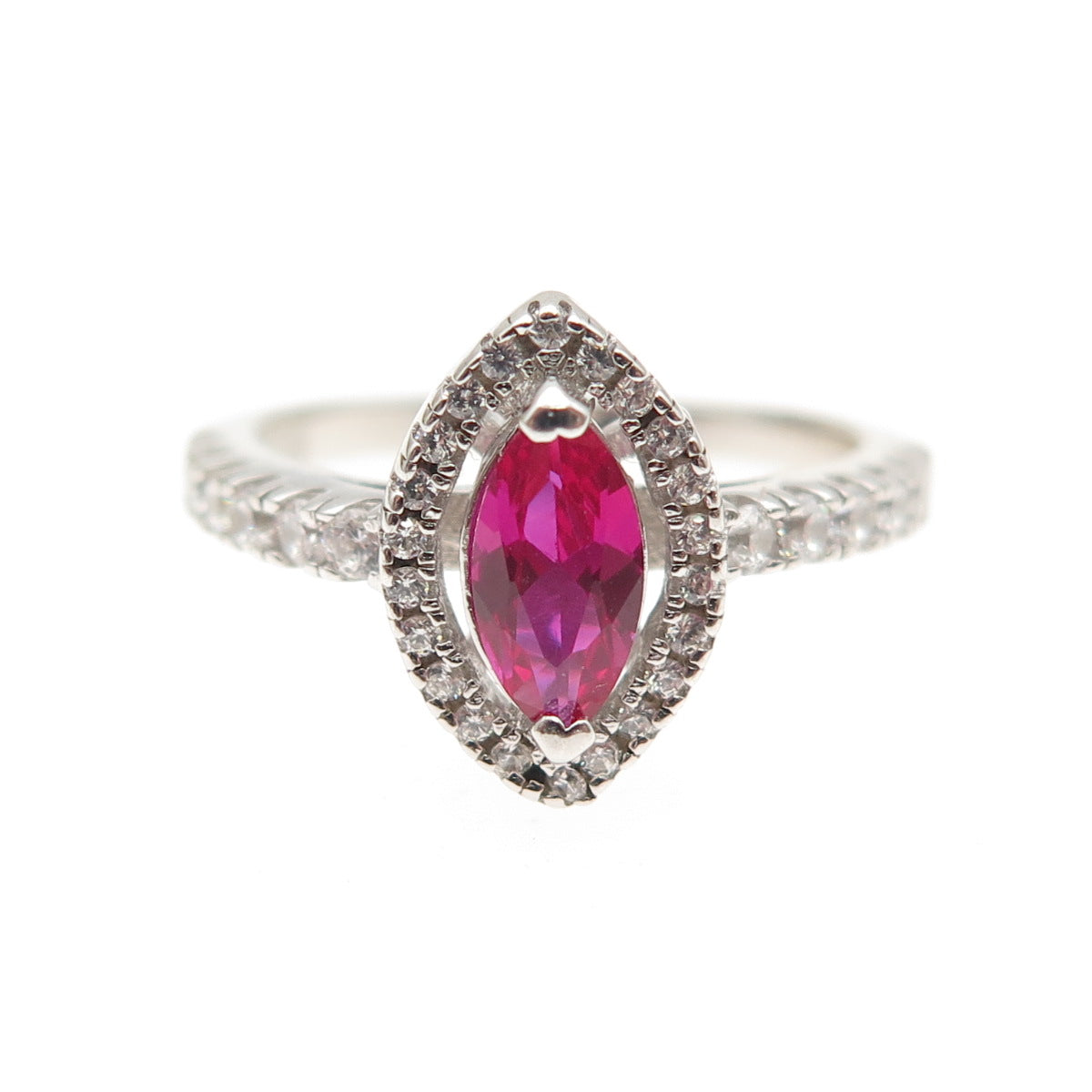 925 Sterling Silver Vintage Marquise-Cut Lab-Created Ruby & C Z Ring Size 7