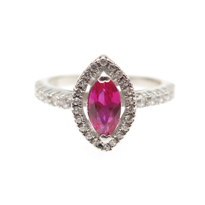 925 Sterling Silver Vintage Marquise-Cut Lab-Created Ruby & C Z Ring Size 7