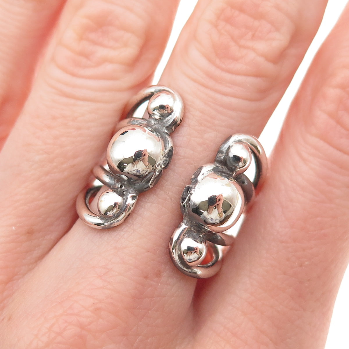 925 Sterling Silver Vintage Modernist Wing Oxidized Adjustable Ring Size 9.25