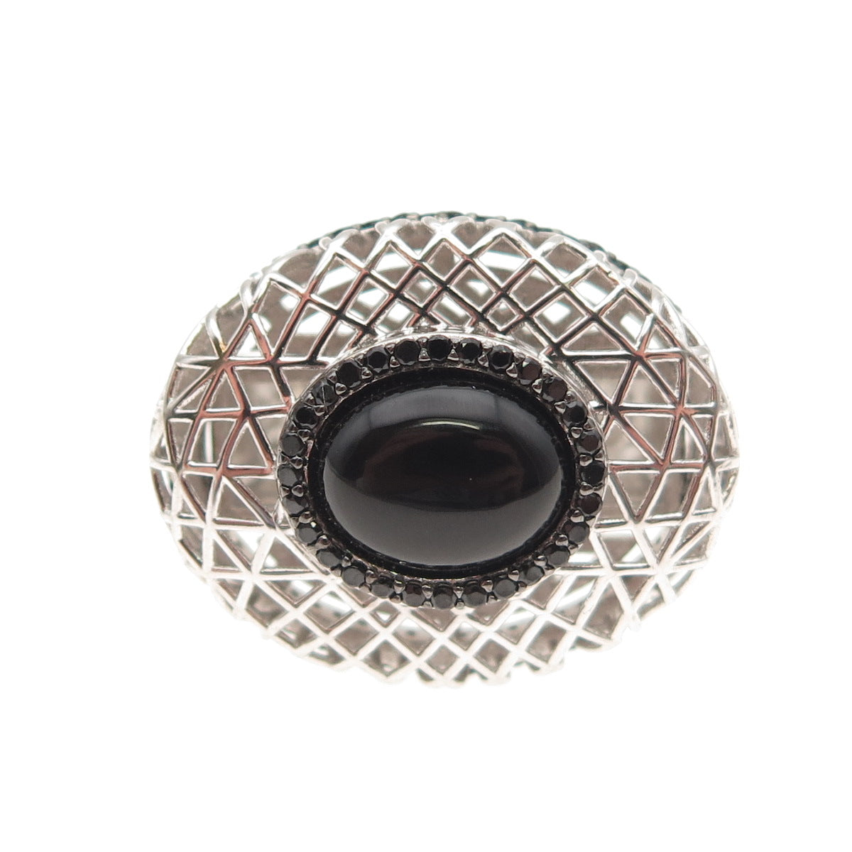 925 Sterling Silver Real Black Onyx & Spinel Dome Ring Size 7.25