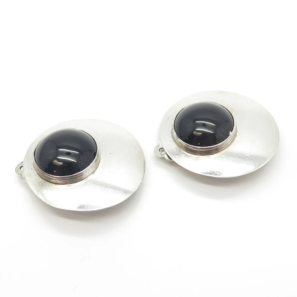 925 Sterling Silver Vintage Real Black Onyx Gem Disc Clip On Earrings