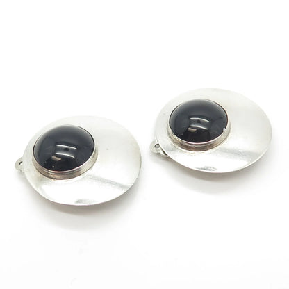 925 Sterling Silver Vintage Real Black Onyx Gem Disc Clip On Earrings