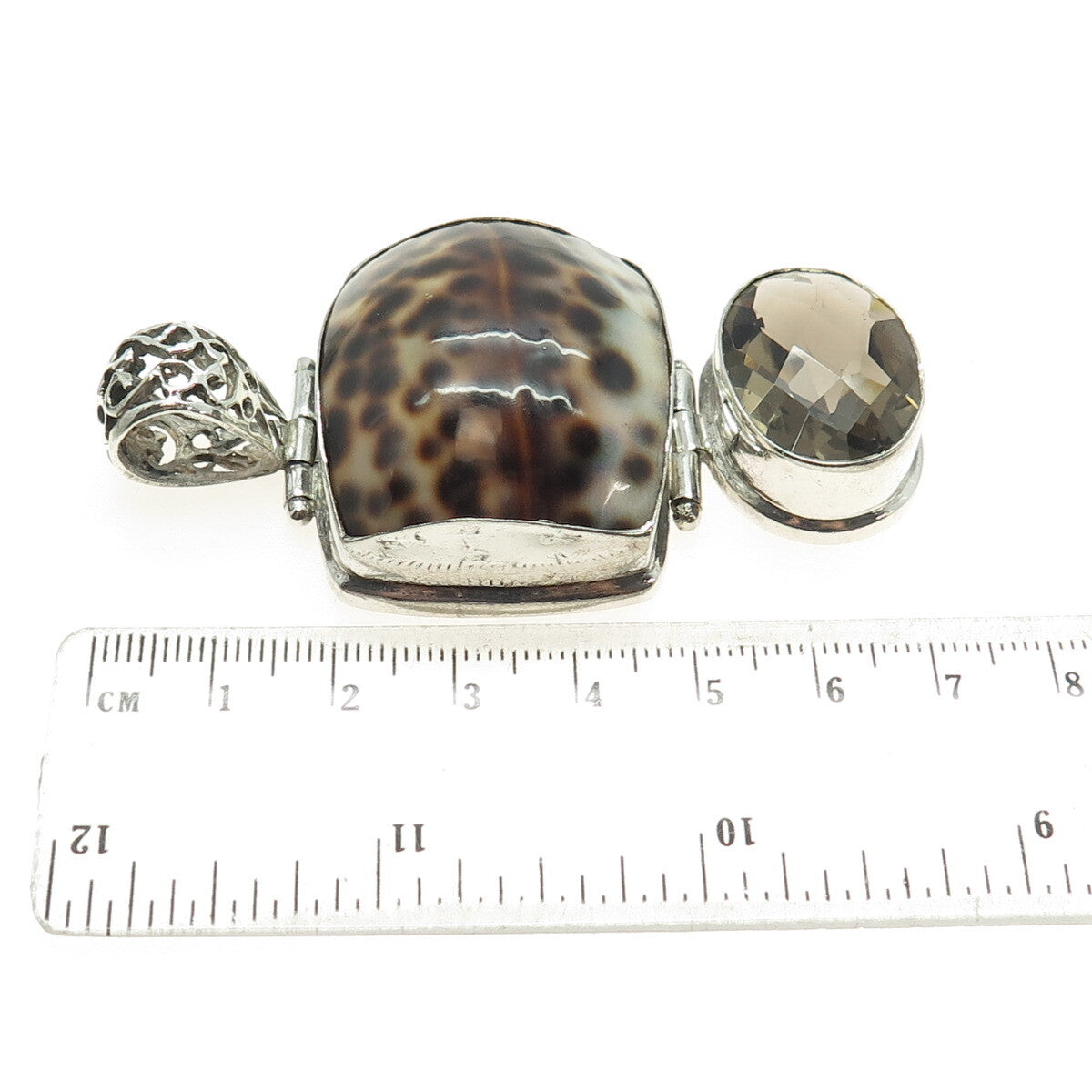 925 Sterling Silver Vintage Real Seashell & Smoky Quartz Modernist Pendant