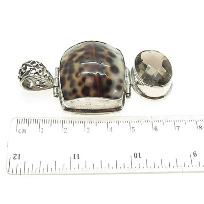 925 Sterling Silver Vintage Real Seashell & Smoky Quartz Modernist Pendant