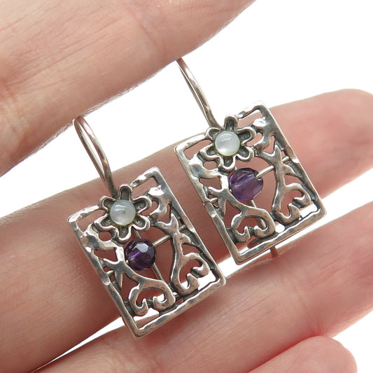 925 Sterling Silver Vintage Real Mother-of-Pearl & Amethyst Gem Ornate Earrings