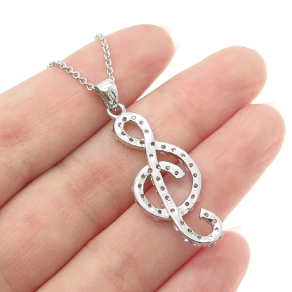 925 Sterling Silver Italy Round-Cut C Z Treble Clef Cable Chain Necklace 16"