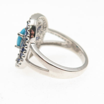 925 Sterling Silver Real Turquoise & Tanzanite Floral Ring Size 7.25