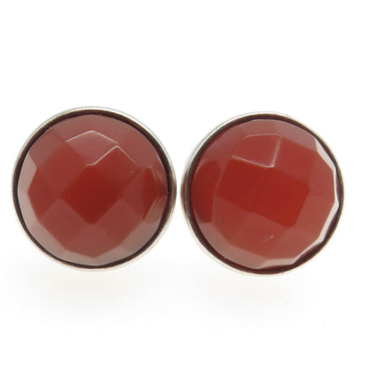 925 Sterling Silver Vintage Real Carnelian Modernist Round Earrings