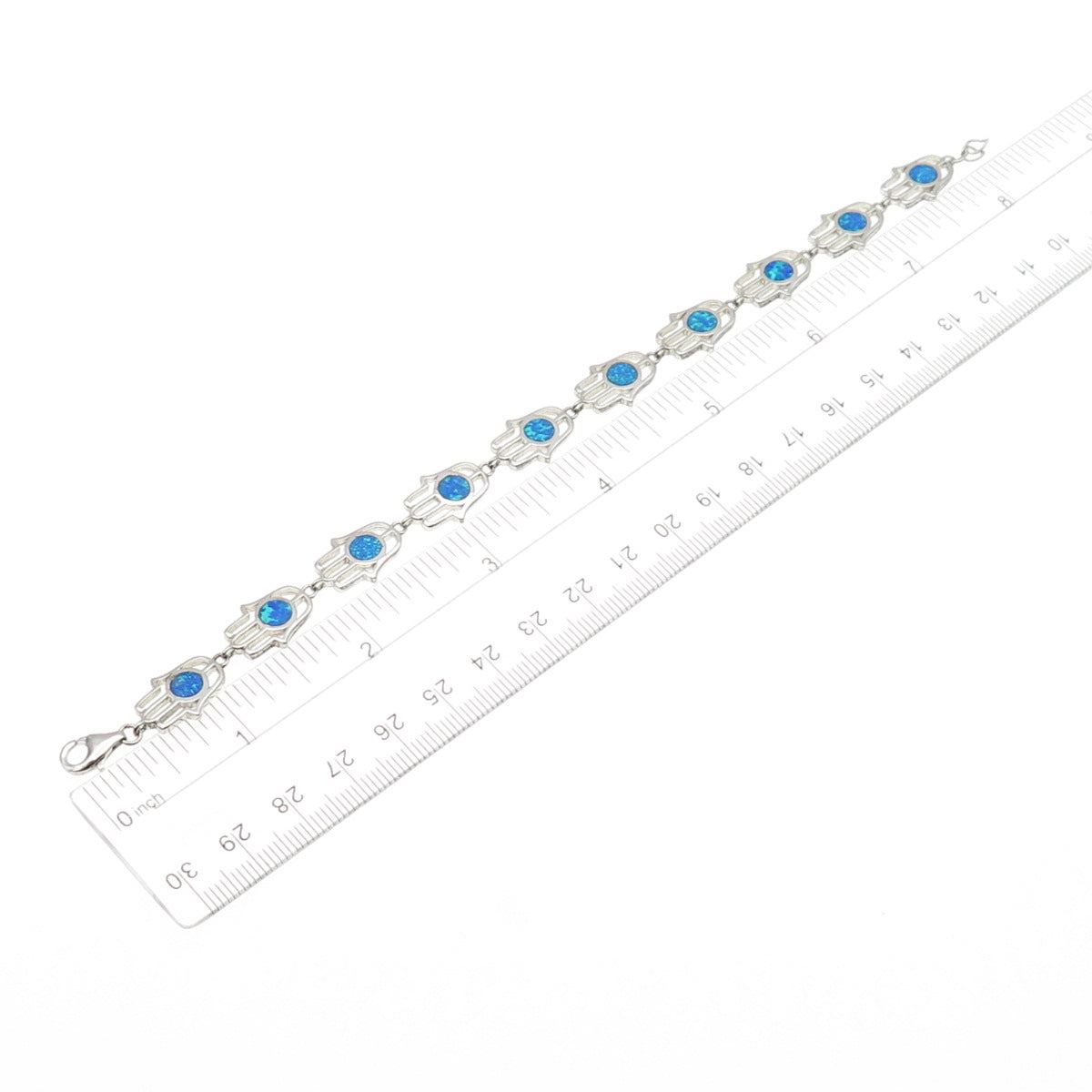 925 Sterling Silver Real Opal Hamsa Amulet Link Bracelet 8"
