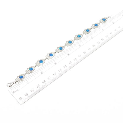 925 Sterling Silver Real Opal Hamsa Amulet Link Bracelet 8"