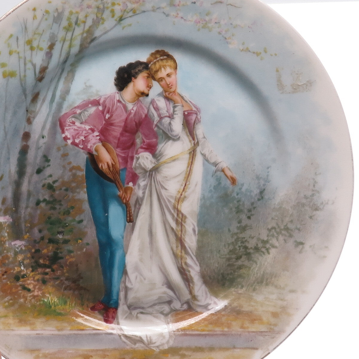 Antique European Lovers Hand Painted Collectable Porcelain Footed Cake Plate