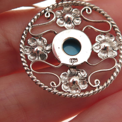 925 Sterling Silver Vintage Real Turquoise Floral Oxidized Dangle Earrings