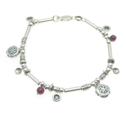 925 Sterling Silver Vintage Real Tourmaline Floral Multi-Charm Bar Bracelet 7"