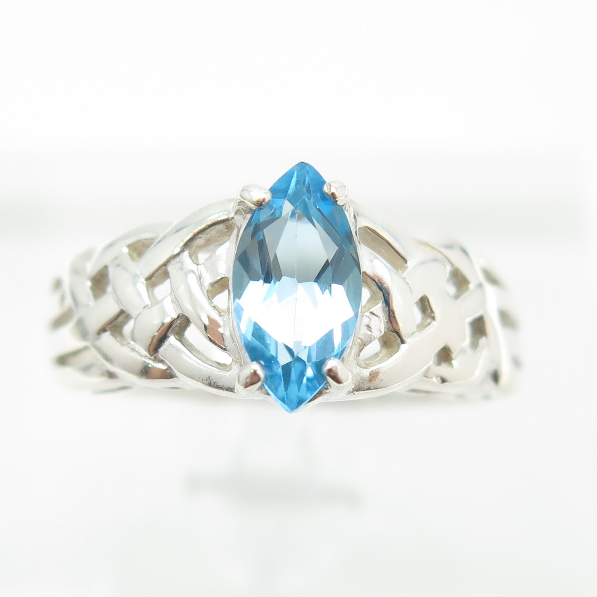 925 Sterling Silver Vintage Real Marquise-Cut Blue Topaz Woven Ring Size 8