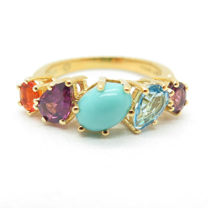 925 Sterling Silver Gold Plated Turquoise Opal Topaz Tourmaline Ring Size 5.25