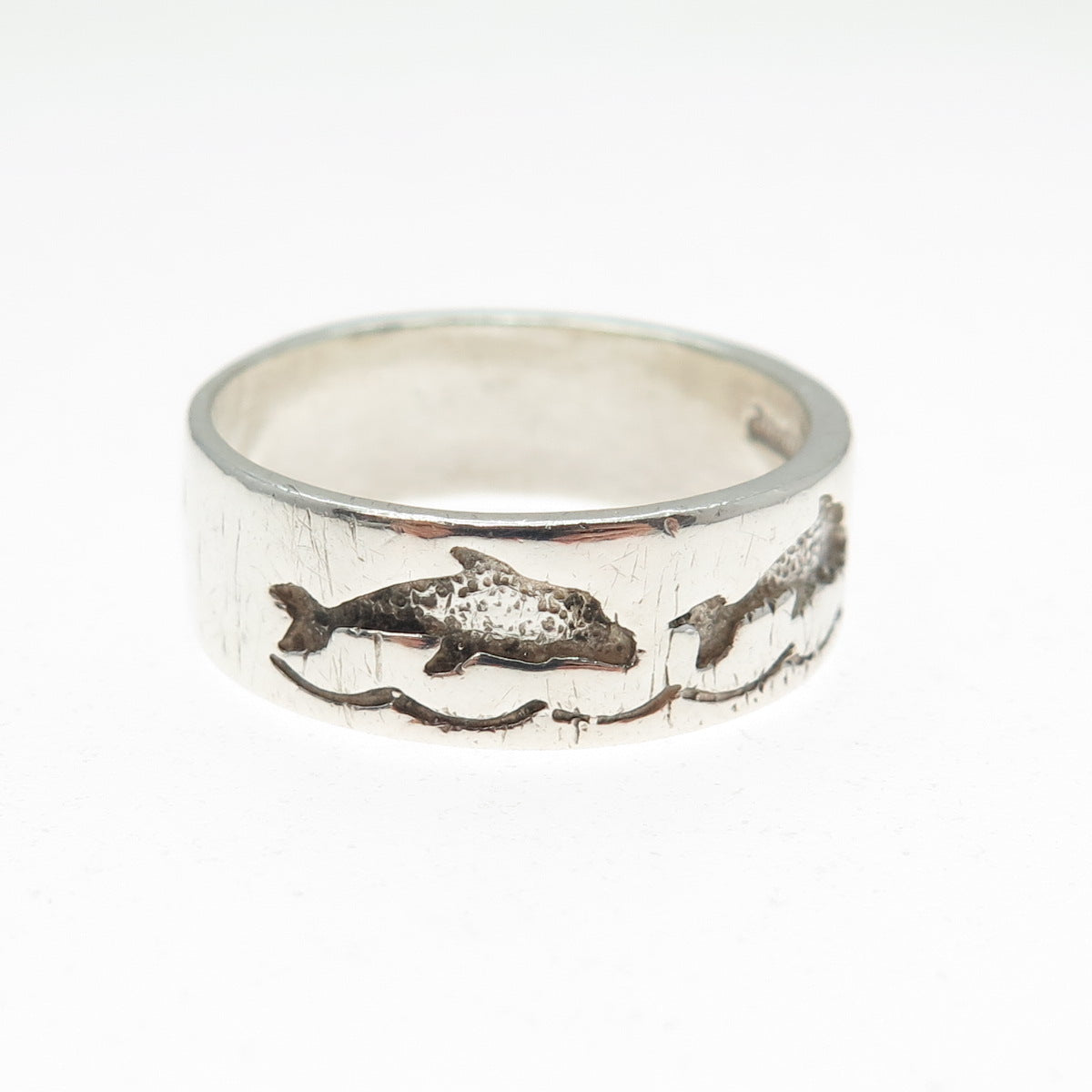 TED OTT Old Pawn Sterling Silver Vintage Dolphin Oxidized Band Ring Size 10.75